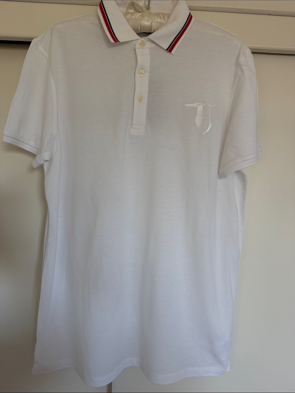 Trussardi White Polo with Red and Black Collar Stripes